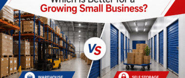 Warehouse vs Self Storage comparison showing industrial warehouse shelving on one side and clean self storage units on the other, representing storage solutions for growing small businesses.